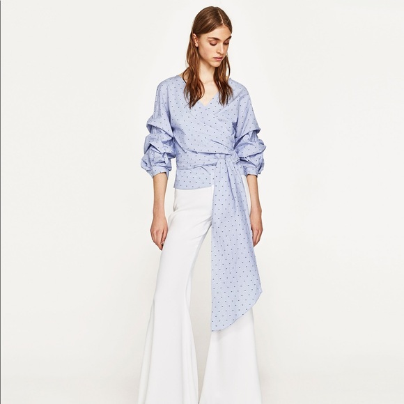 Zara Tops - Zara Light Blue Pleated Blouse with Bow